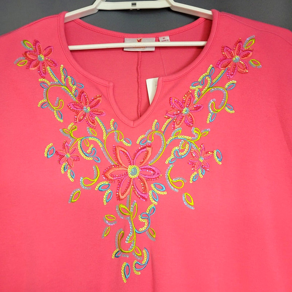 Quaker Factory Kraftan Dress Womens XL Pink Embroidered Sequin Floral Tunic New - Picture 9 of 13